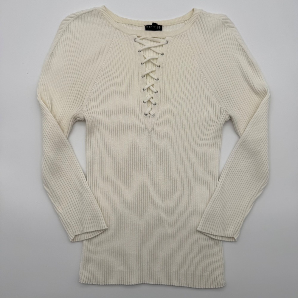Express Ivory Ribbed Lace Up Grommet Sweater Womens Large Cream Long Sleeve Top